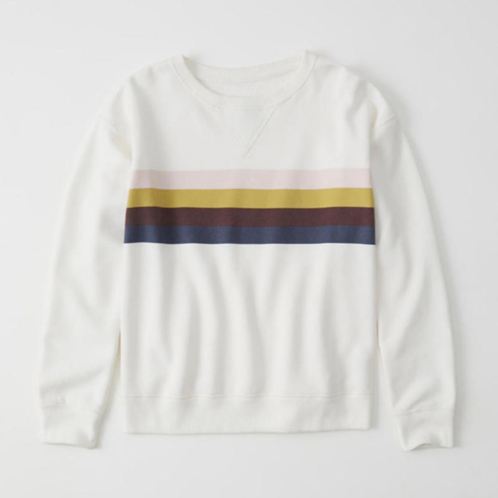 A&F White Stripe Patterned Crew Sweater Sz S
